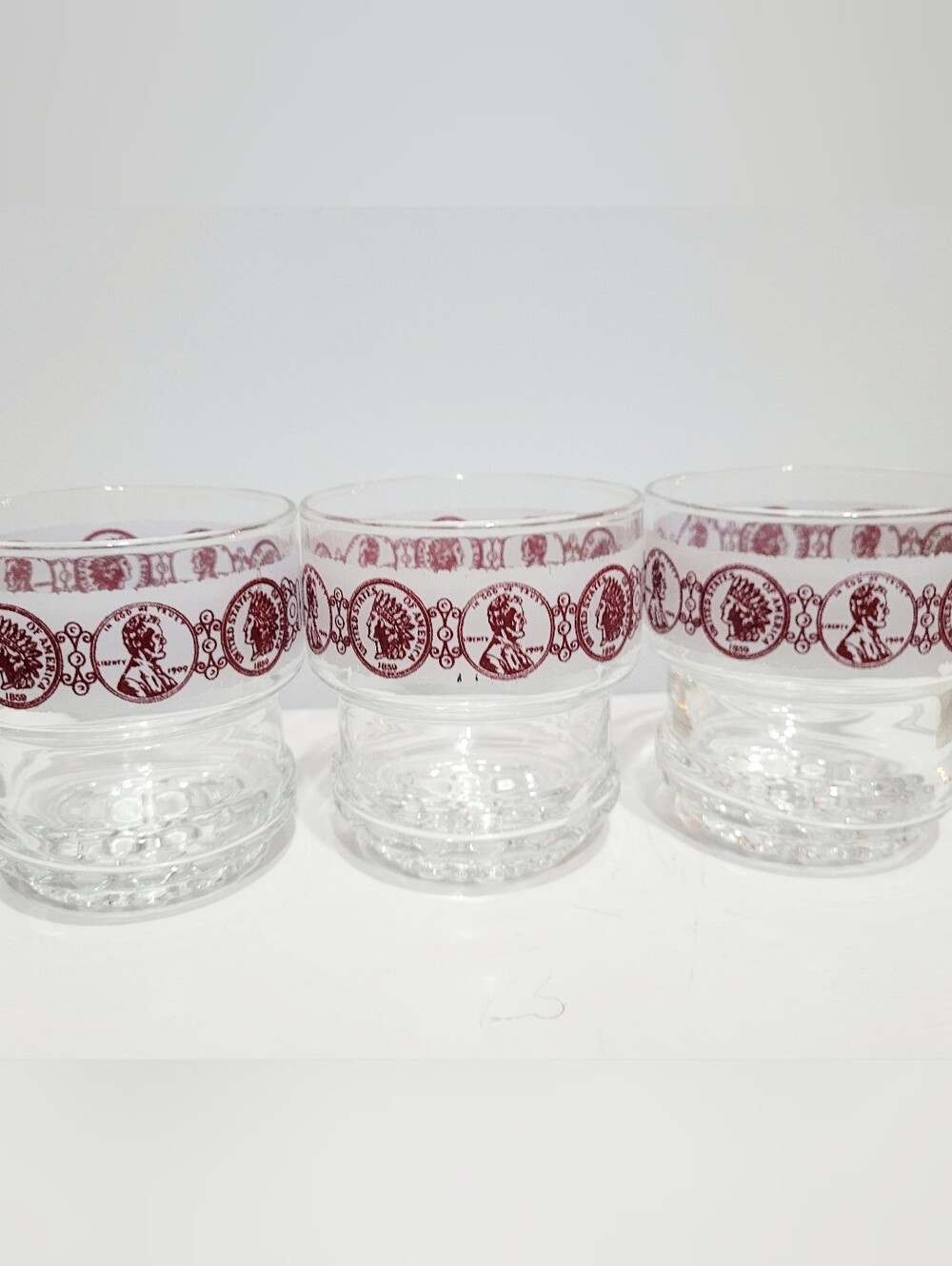 Vintage Indian Head Penny Drinking Glasses Set of 3